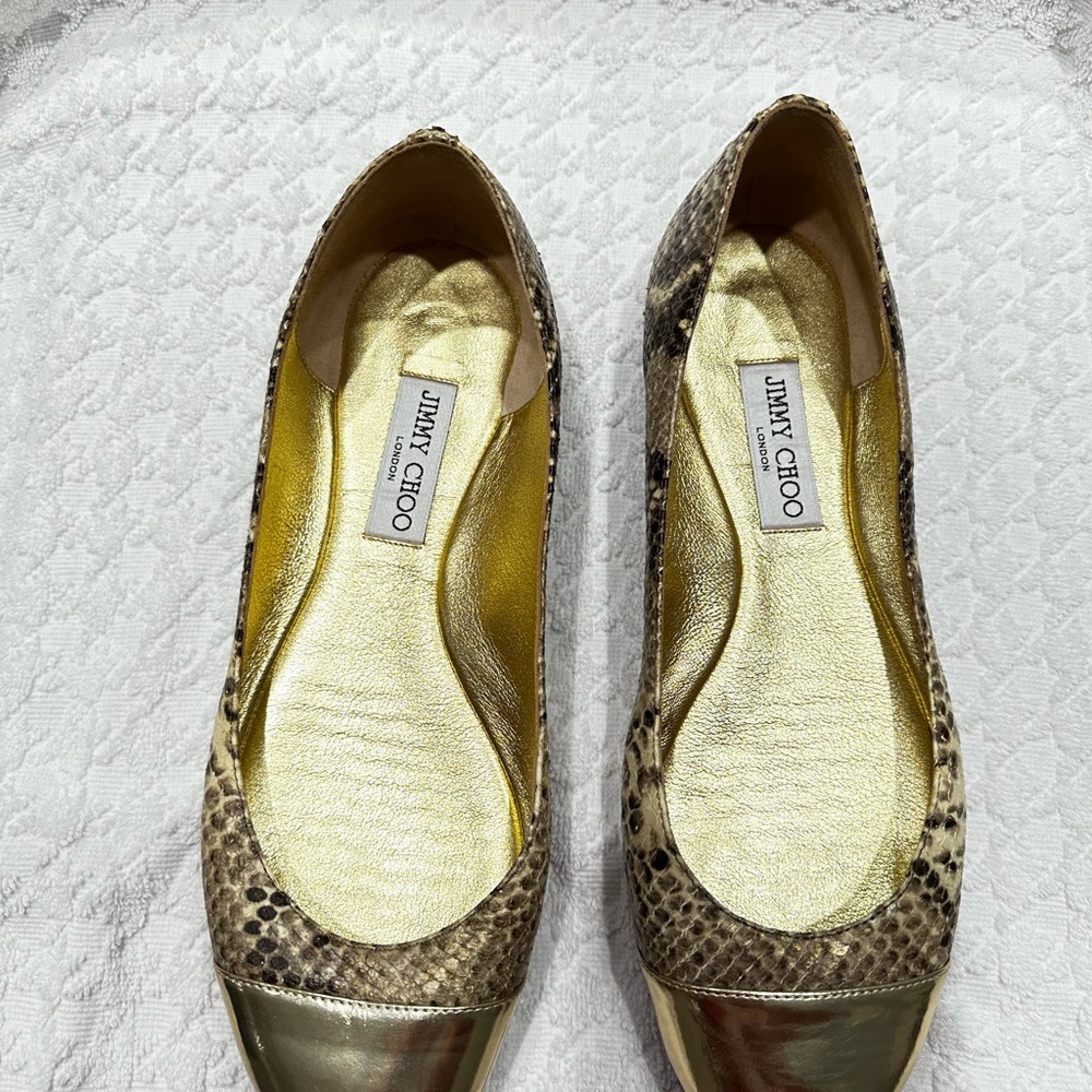 Jimmy Choo Gold and Brown Flats
